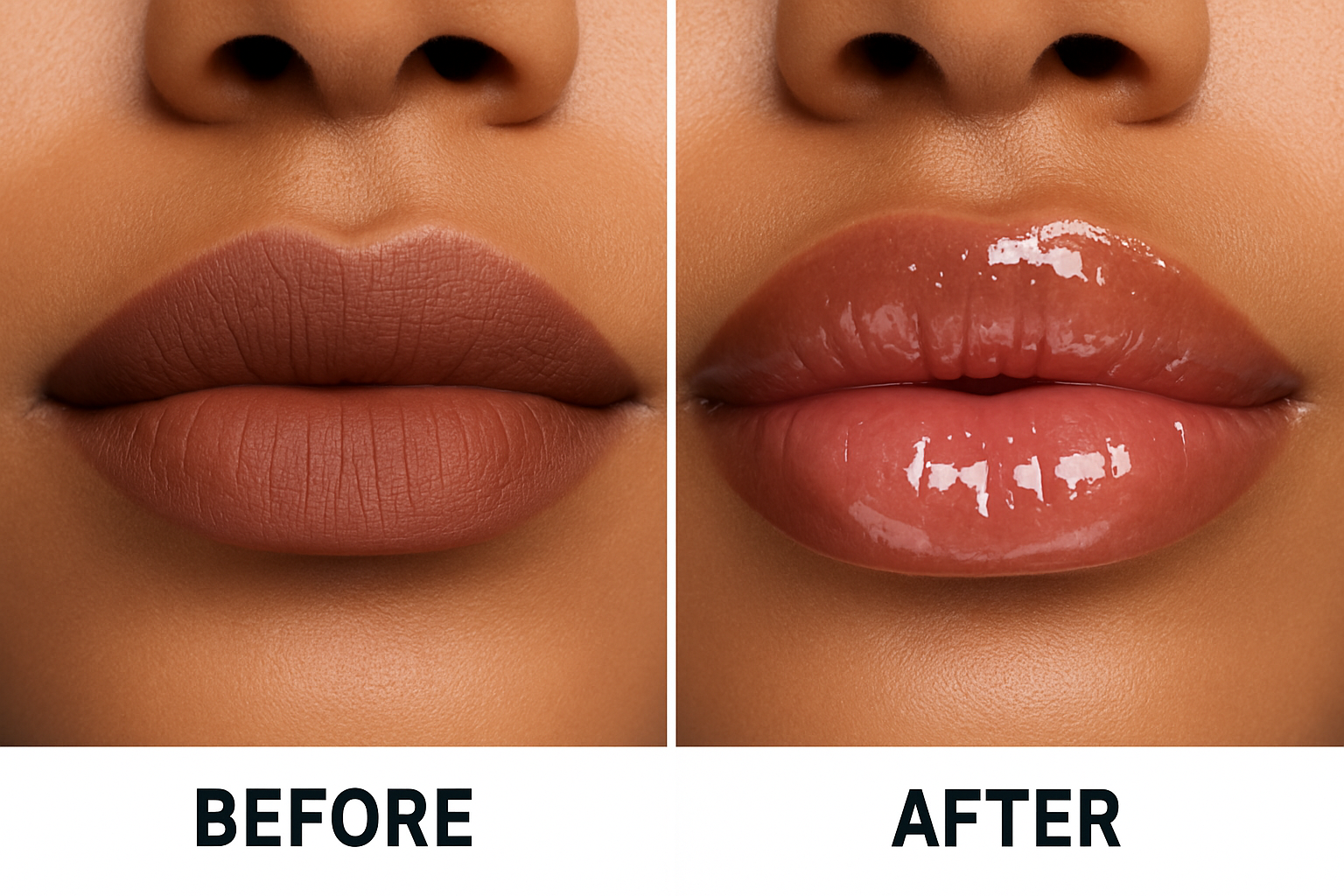 lip plumper gloss on brown lips, plump lips before and after